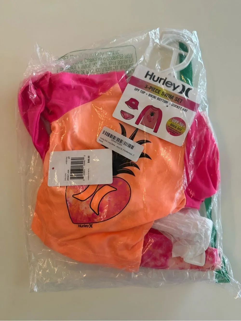 Hurley Toddler Girls' Pink & Peach Pineapple Rash Guard Swim Set, NWT
